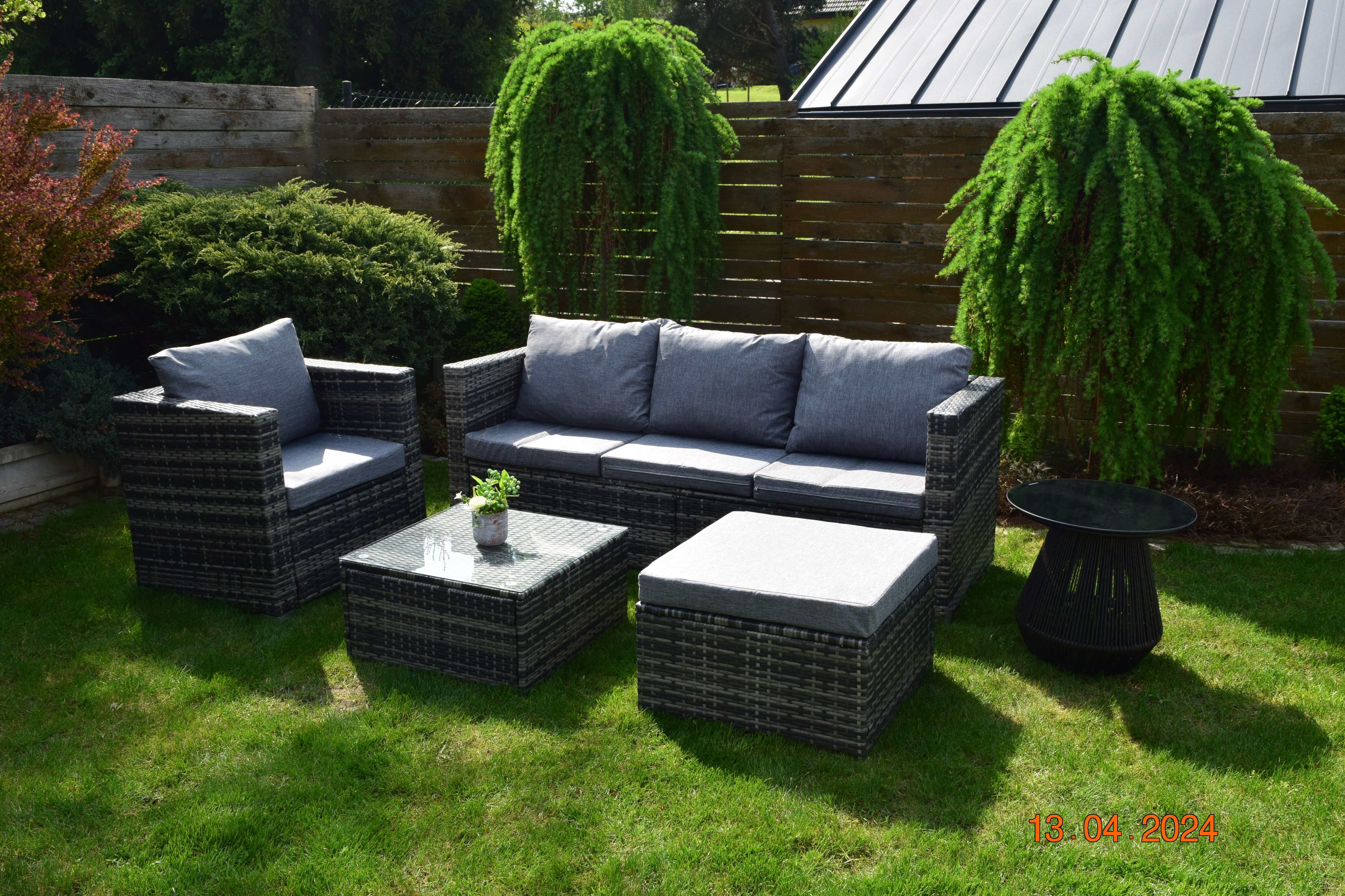 Zestaw mebli ogrodowych wypoczynkowych szary technorattan sofa+ fotel +pufa+stolik