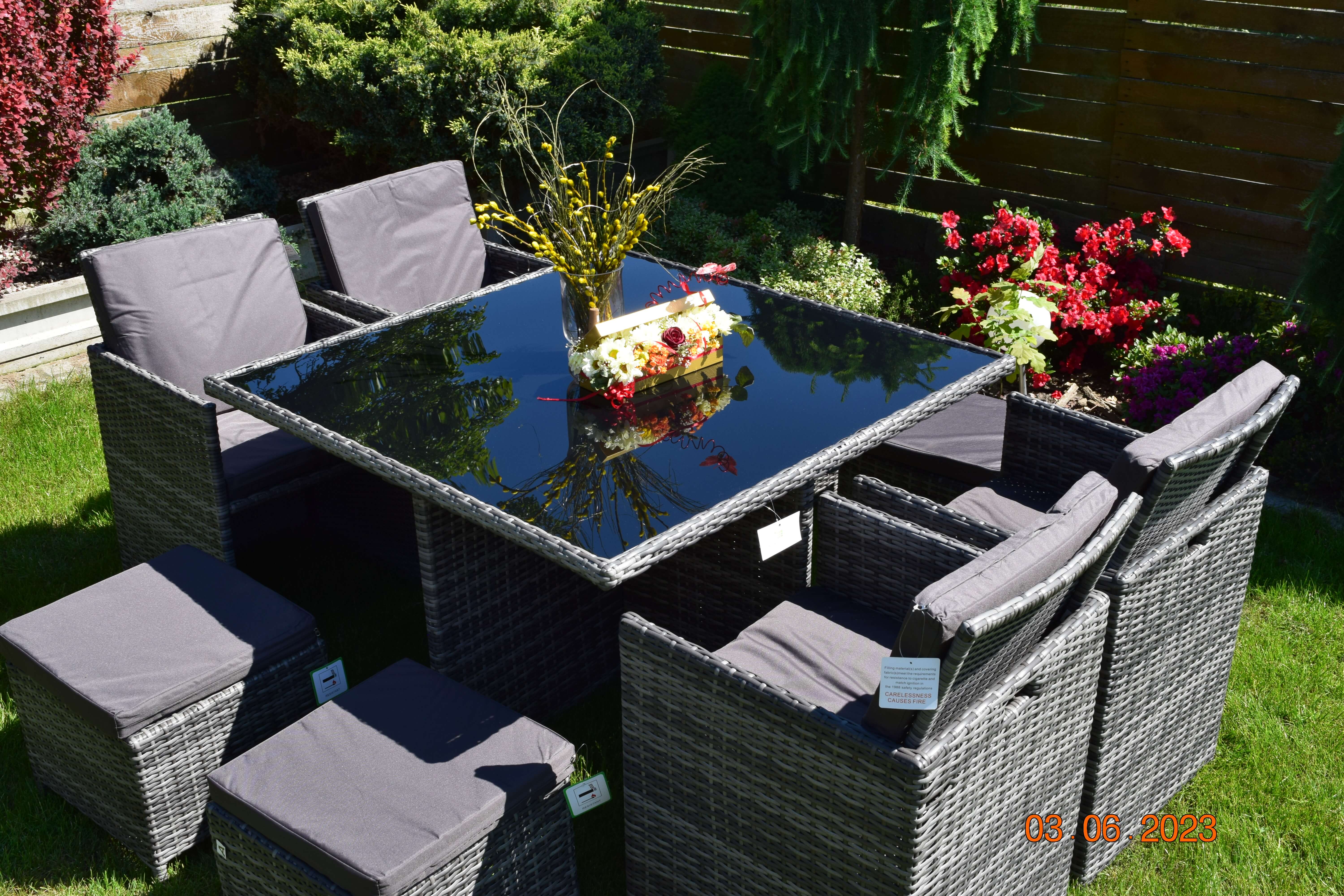 zestaw mebli ogrodowych wypoczynkowych technorattan tulipan 8 osob 4 szt foteli 4 szt puf szary brak towaru